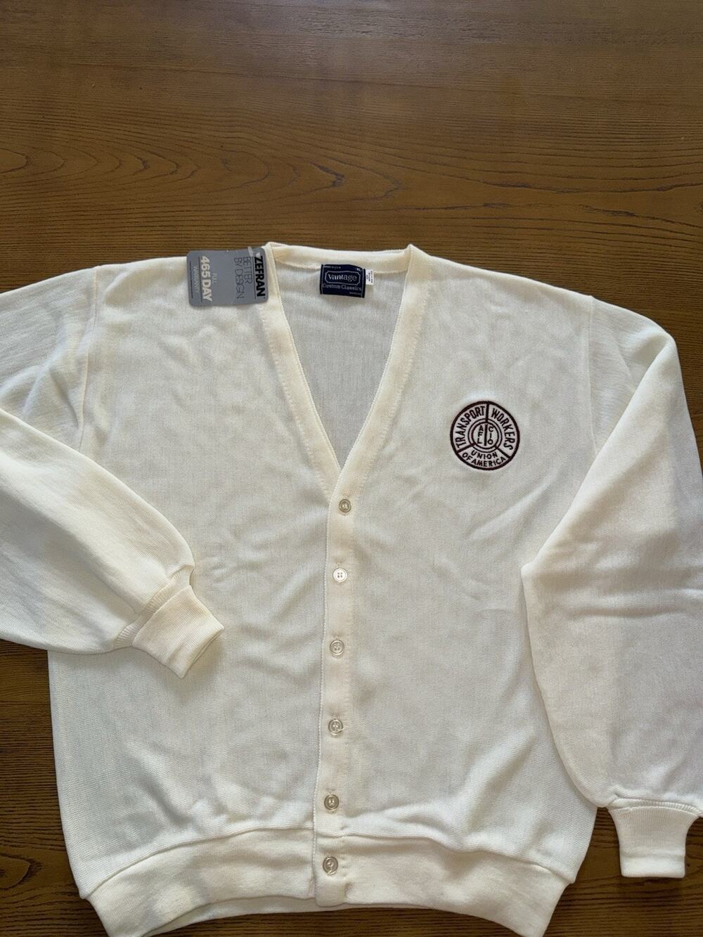 Vintage Vantage TWU Transport Workers Union Ivory Cardigan NOS- XL USA AFL-CIO